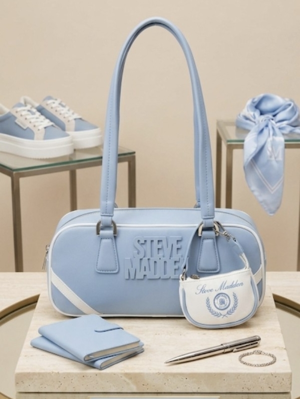 Steve Madden | Powder Blue Shoulder Bag with White Trim and Mini Pouch